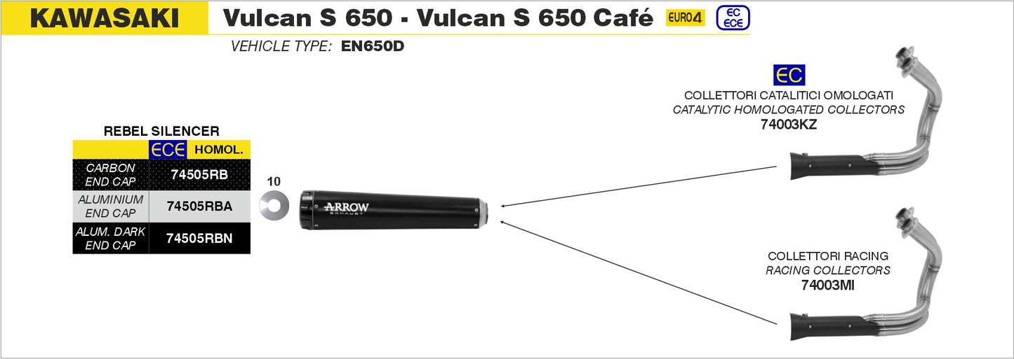 Kawasaki Vulcan S 650 2017-2020 Arrow udstødning. Slip-on udstødninger, komplette udstødninger, manifold/forrør. Find det hos Pitboxen.dk