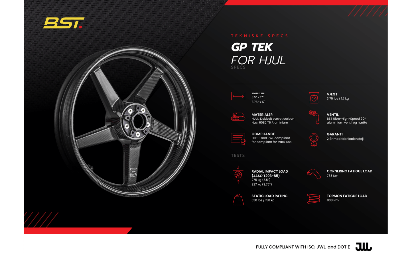BST GP Tek Forhjul til Kawasaki ZX - 10R (2016 - 2023) - 3.5" x 17" - BST Carbon hjul - Pitboxen Performance