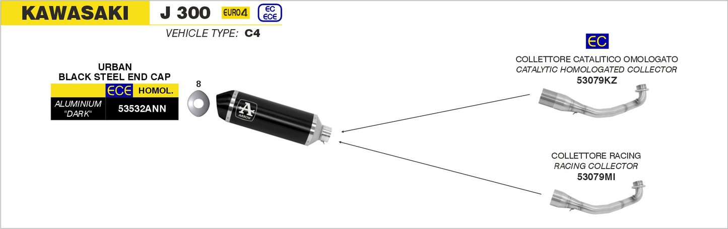 Kawasaki J 300 2017-2020 Arrow udstødning. Slip-on udstødninger, komplette udstødninger, manifold/forrør. Find det hos Pitboxen.dk