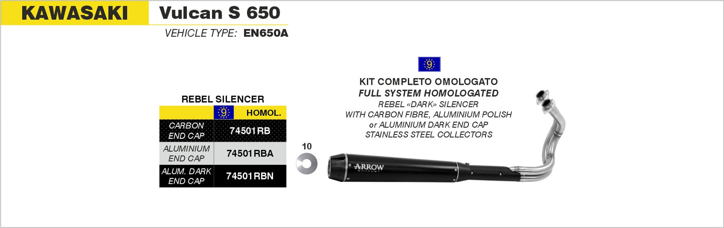 Kawasaki Vulcan S 650 2014-2016 Arrow udstødning. Slip-on udstødninger, komplette udstødninger, manifold/forrør. Find det hos Pitboxen.dk