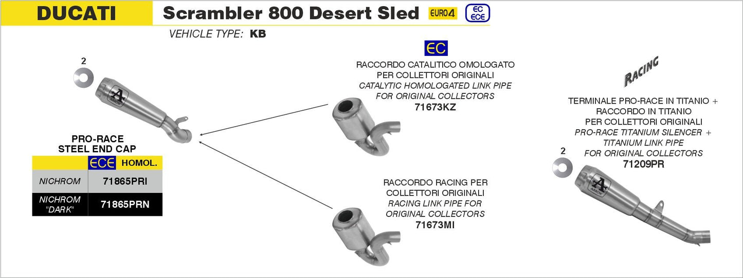 Ducati Scrambler 800 Desert Sled 2017-2020 Arrow udstødning. Slip-on udstødninger, komplette udstødninger, manifold/forrør. Find det hos Pitboxen.dk