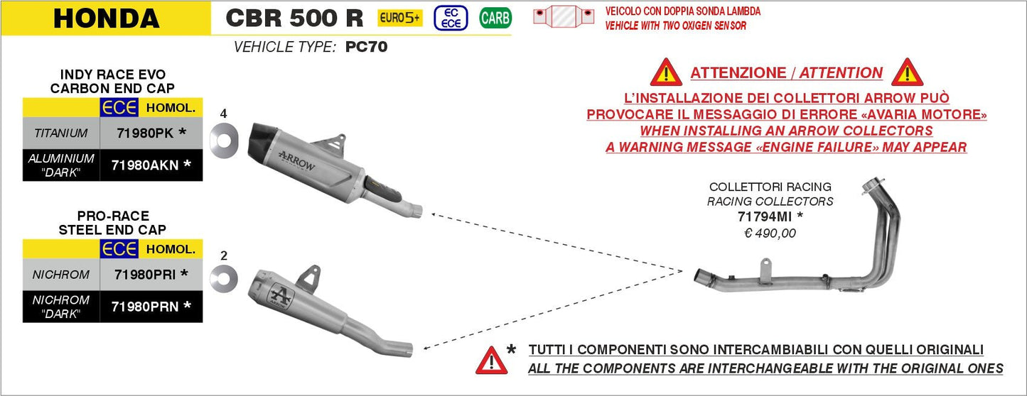 Honda CBR 500 R 2024-2025 Arrow udstødning. Slip-on udstødninger, komplette udstødninger, manifold/forrør. Find det hos Pitboxen.dk