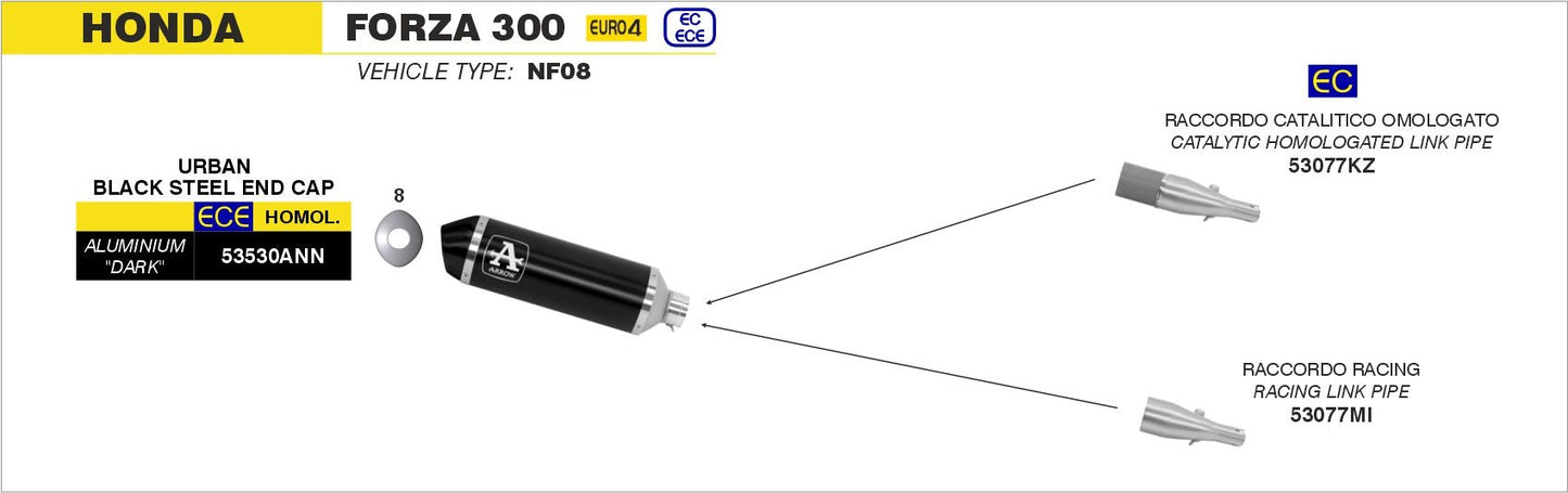 Honda FORZA 300 2018-2020 Arrow udstødning. Slip-on udstødninger, komplette udstødninger, manifold/forrør. Find det hos Pitboxen.dk