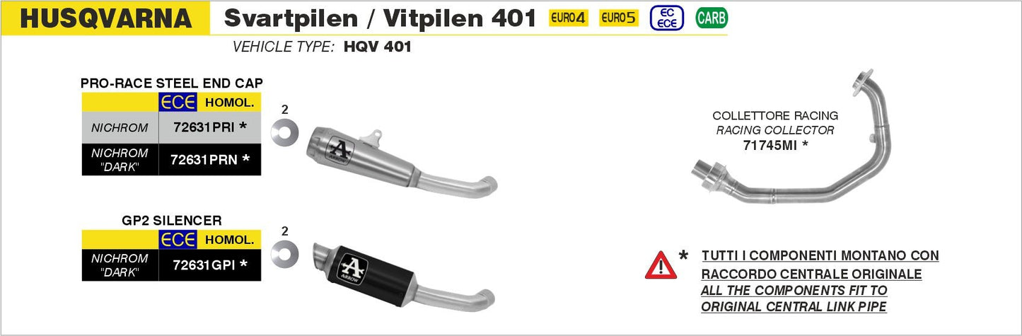 Husqvarna Svartpilen / Vitpilen 401 2020-2023 Arrow udstødning. Slip-on udstødninger, komplette udstødninger, manifold/forrør. Find det hos Pitboxen.dk