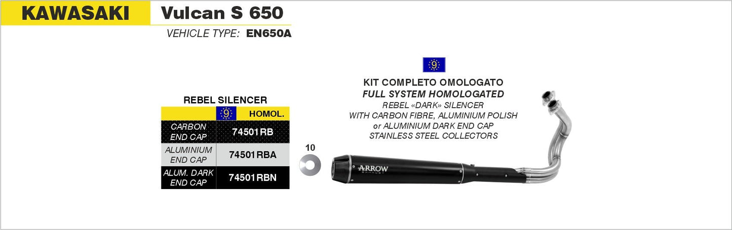 Kawasaki Vulcan S 650 2014-2016 Arrow udstødning. Slip-on udstødninger, komplette udstødninger, manifold/forrør. Find det hos Pitboxen.dk