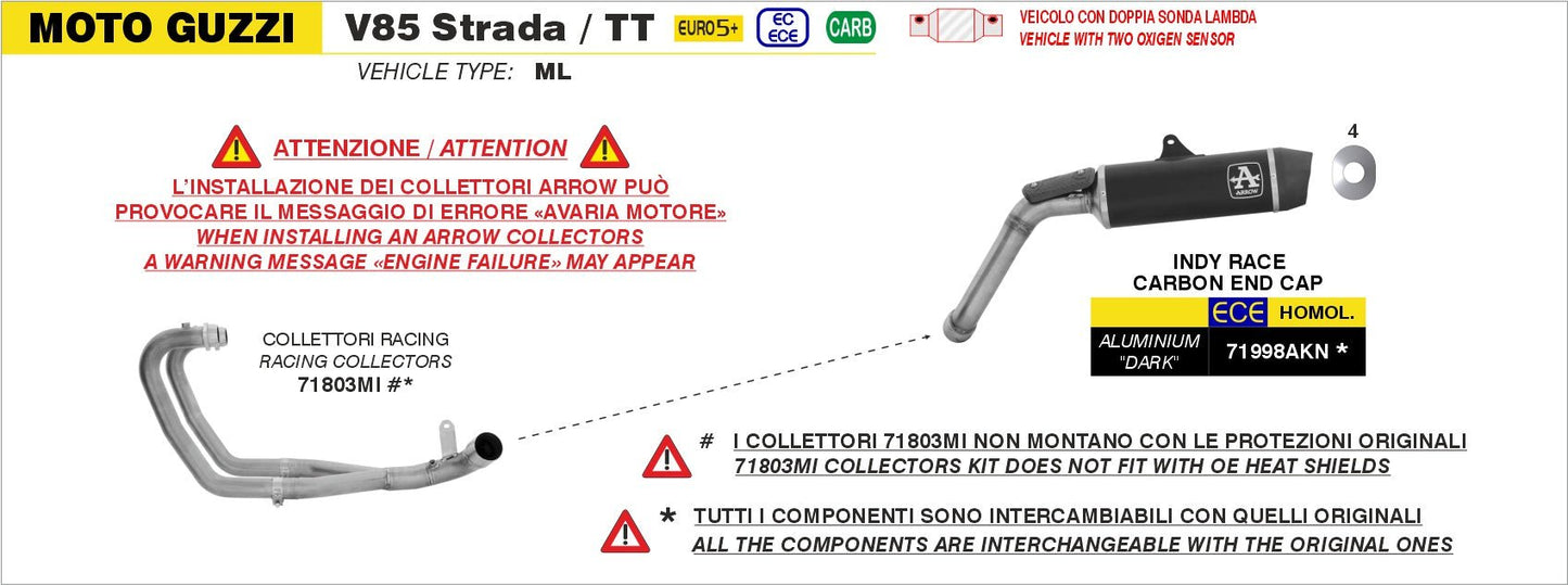 Moto Guzzi V85 TT 2025- Arrow udstødning. Slip-on udstødninger, komplette udstødninger, manifold/forrør. Find det hos Pitboxen.dk