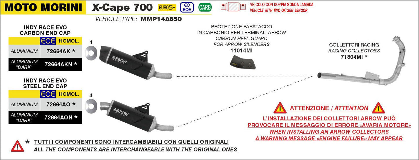 Moto Morini X-CAPE 700 2025- Arrow udstødning. Slip-on udstødninger, komplette udstødninger, manifold/forrør. Find det hos Pitboxen.dk