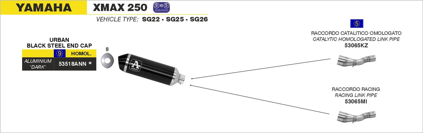 Yamaha XMAX 250 2009-2016 Arrow udstødning. Slip-on udstødninger, komplette udstødninger, manifold/forrør. Find det hos Pitboxen.dk