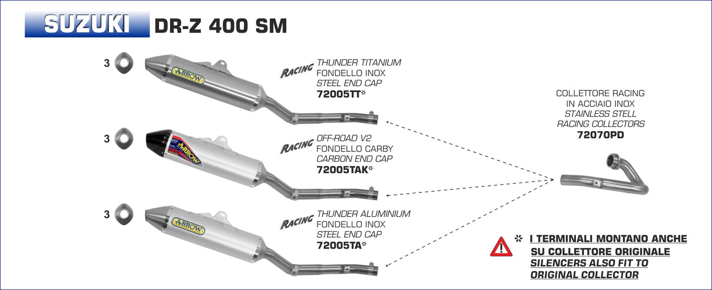 Suzuki DR-Z 400 SM 2005-2007 Arrow udstødning. Slip-on udstødninger, komplette udstødninger, manifold/forrør. Find det hos Pitboxen.dk