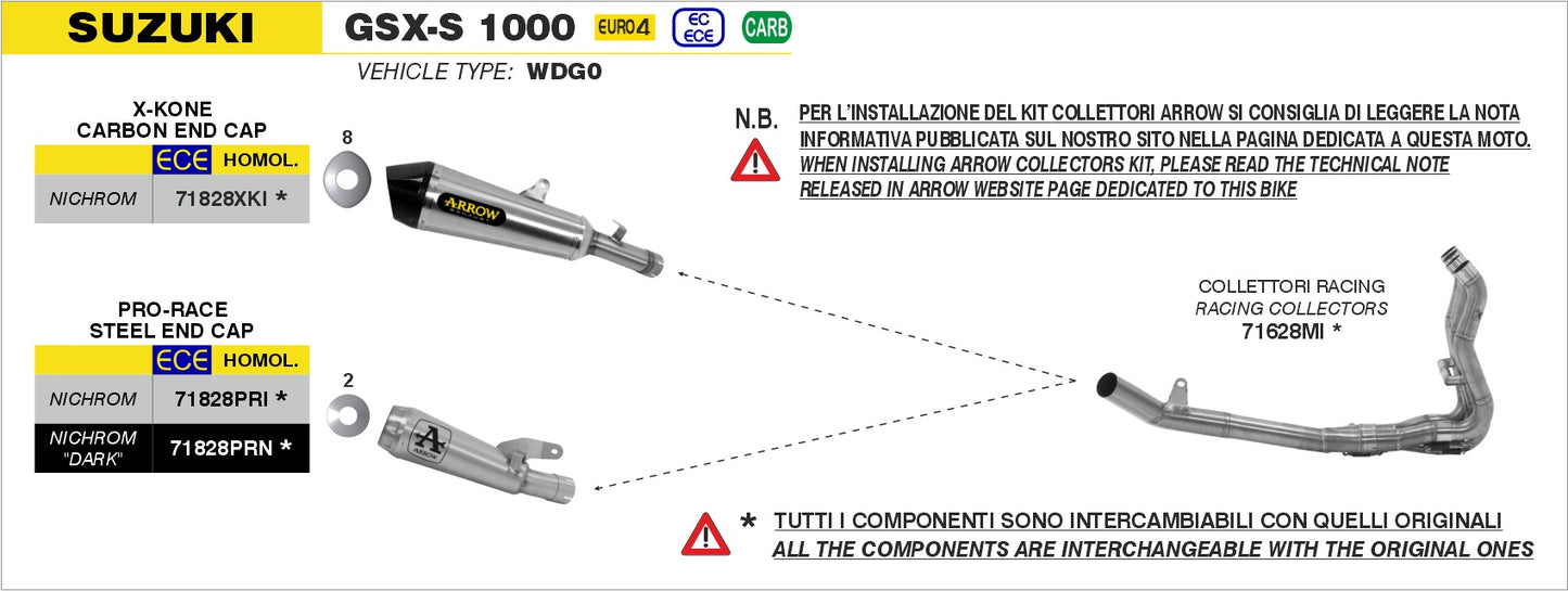 Suzuki GSX-S 1000 / 1000 F 2017-2020 Arrow udstødning. Slip-on udstødninger, komplette udstødninger, manifold/forrør. Find det hos Pitboxen.dk