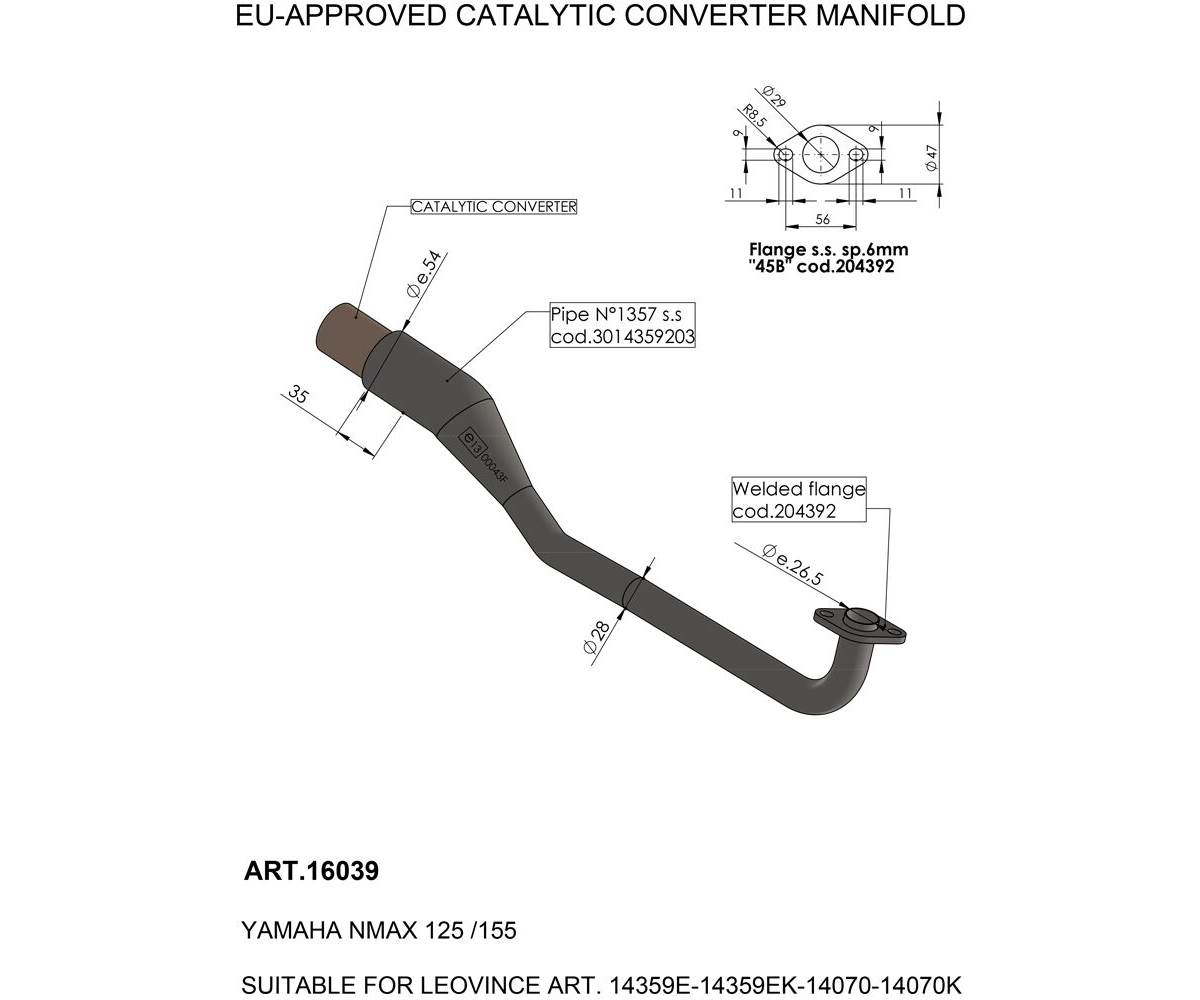 Leo Vince mellemrør / forrør til Yamaha N-Max 125 2017-2020 (sportskatalysator godkendt)