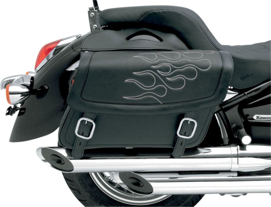 SADDLEBAG 3D EMBROIDERED FLAME DESIGN UNIVERSAL SYNTHETIC LEATHER BLACK/ SILVER