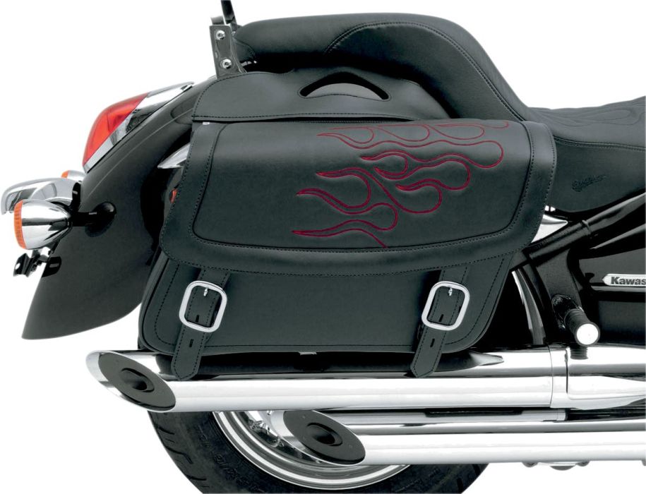 SADDLEBAG 3D EMBROIDERED FLAME DESIGN UNIVERSAL SYNTHETIC LEATHER BLACK/ DARK RED