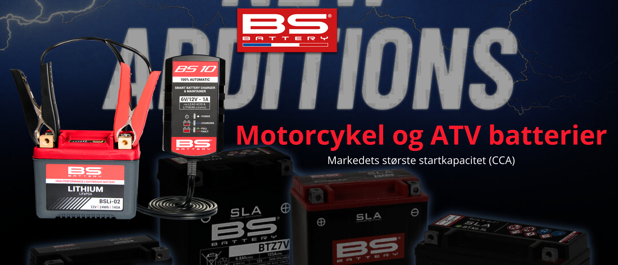 MC batterier fra BS Battery har markedets største startkapacitet. Vi fører båd vedligeholdelsesfrie, AGM og Lithium batterier samt pulsladere og vedligeholdelsesladere