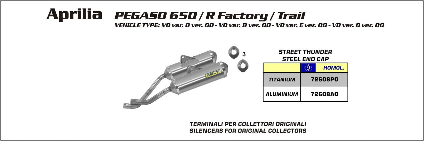 Aprilia PEGASO 650 2005-2011 Arrow udstødning. Slip-on udstødninger, komplette udstødninger, manifold/forrør. Find det hos Pitboxen.dk