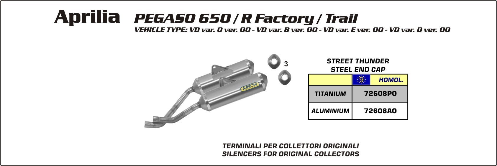 Aprilia PEGASO 650 TRAIL 2005-2011 Arrow udstødning. Slip-on udstødninger, komplette udstødninger, manifold/forrør. Find det hos Pitboxen.dk
