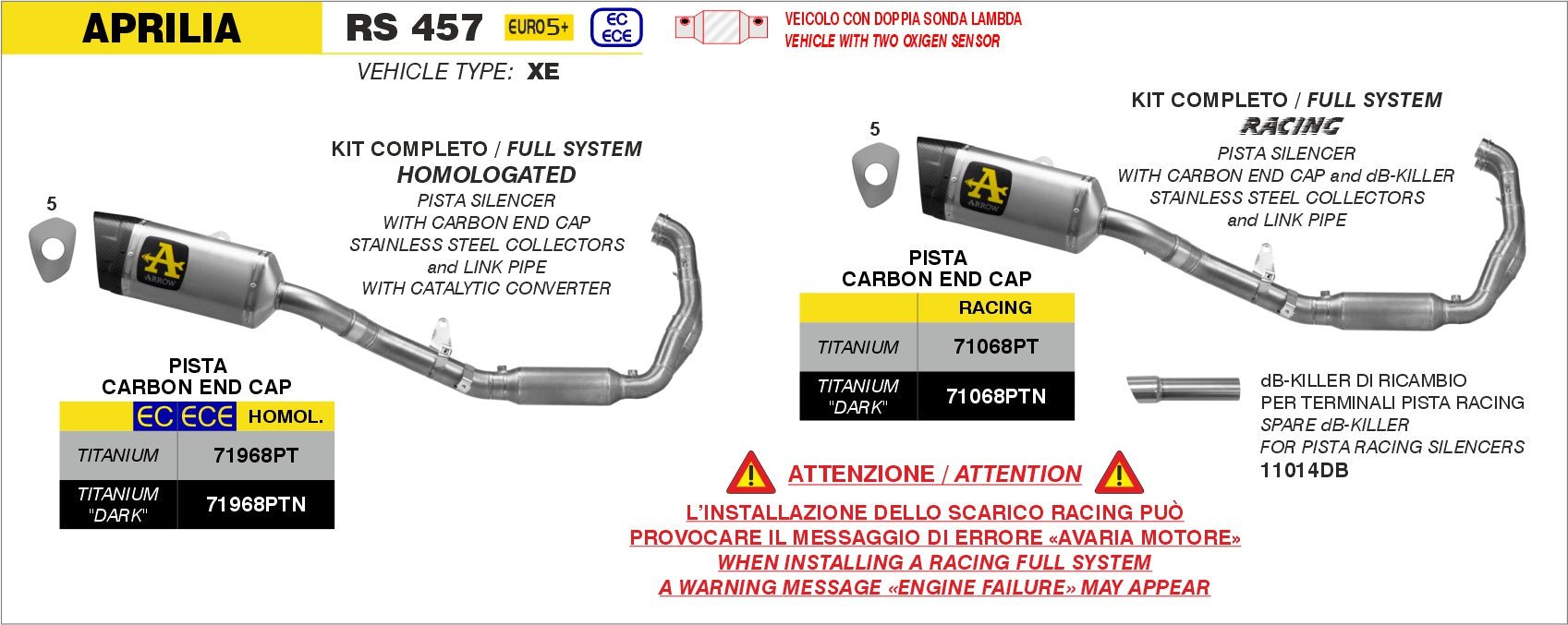 Aprilia RS 457 2024-2025 Arrow udstødning. Slip-on udstødninger, komplette udstødninger, manifold/forrør. Find det hos Pitboxen.dk