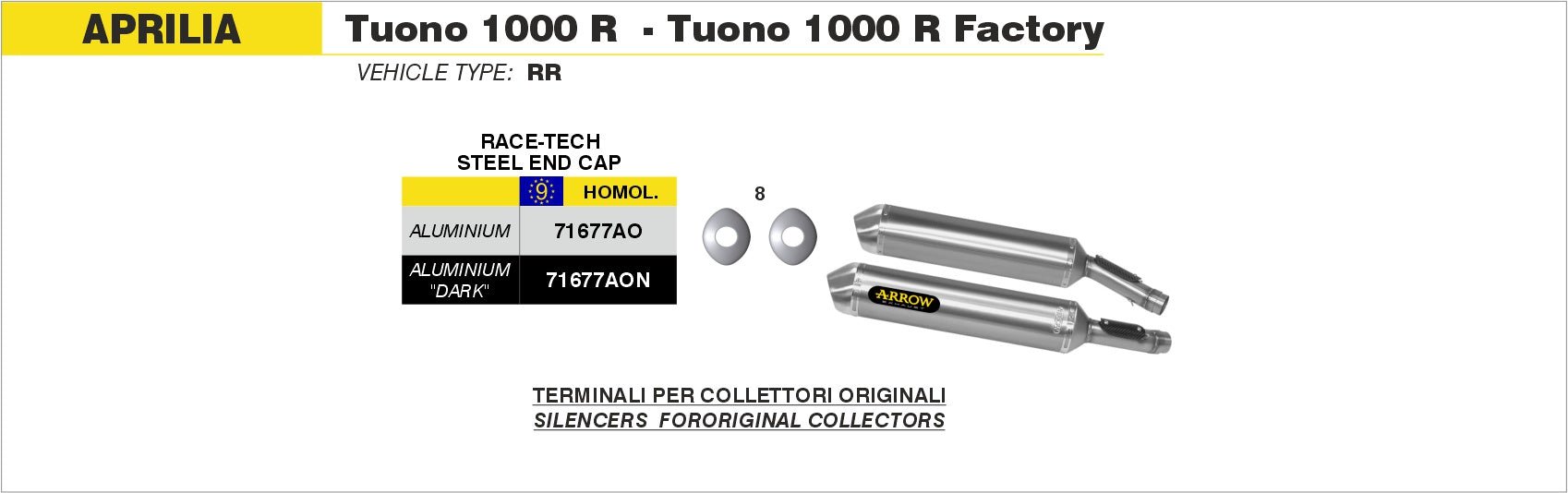 Aprilia TUONO 1000 R / R Factory 2006-2010 Arrow udstødning. Slip-on udstødninger, komplette udstødninger, manifold/forrør. Find det hos Pitboxen.dk