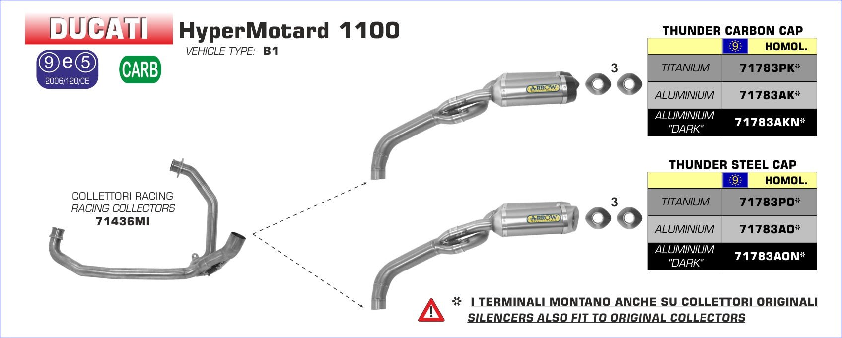 Ducati Hypermotard 1100 2007-2012 Arrow udstødning. Slip-on udstødninger, komplette udstødninger, manifold/forrør. Find det hos Pitboxen.dk
