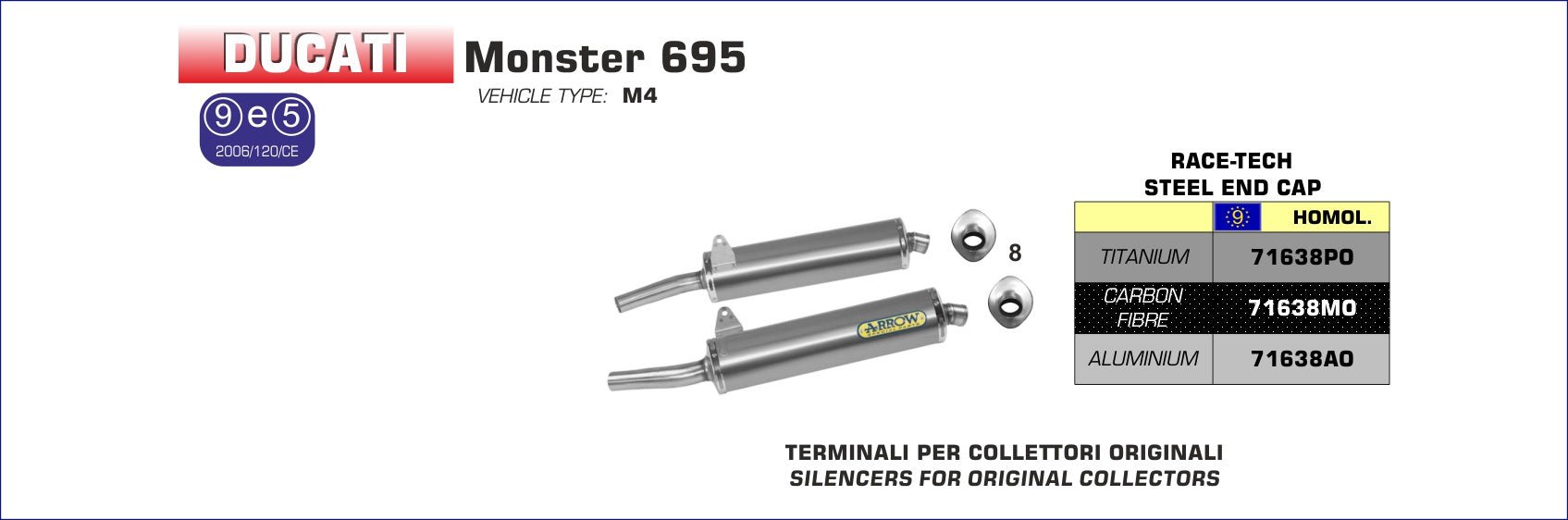 Ducati MONSTER 695 2006-2007 Arrow udstødning. Slip-on udstødninger, komplette udstødninger, manifold/forrør. Find det hos Pitboxen.dk