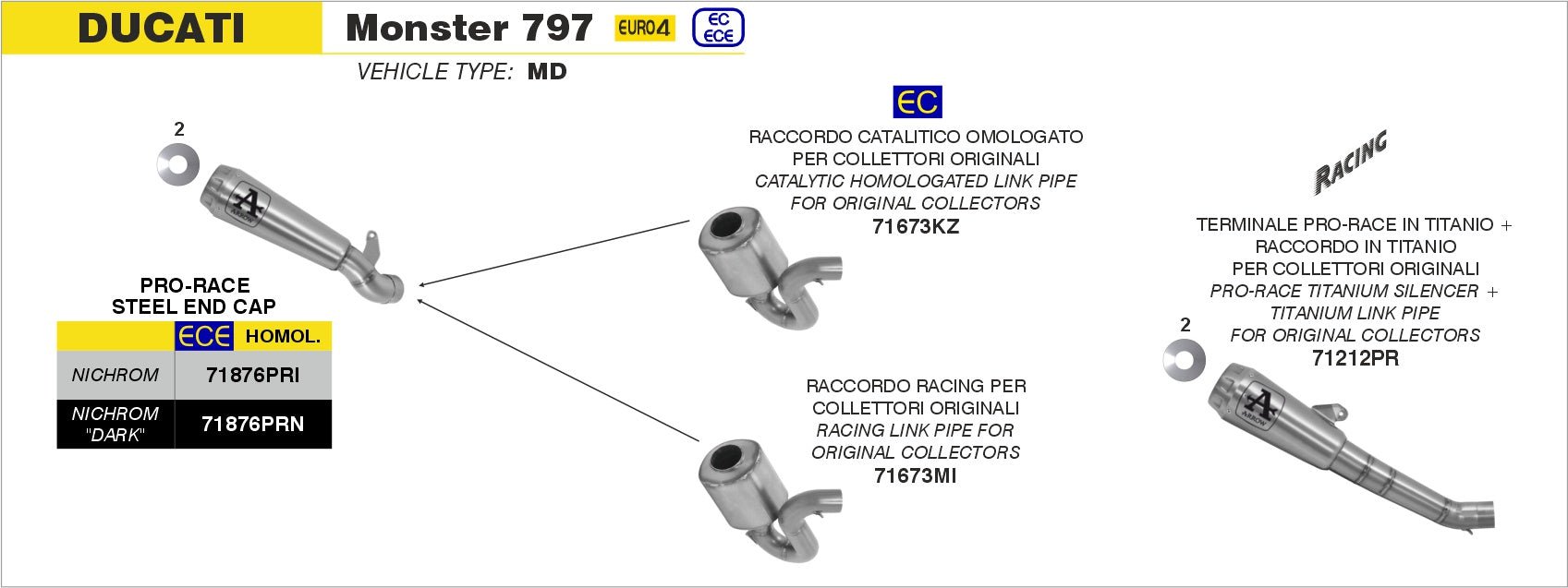 Ducati Monster 797 2017-2018 Arrow udstødning. Slip-on udstødninger, komplette udstødninger, manifold/forrør. Find det hos Pitboxen.dk