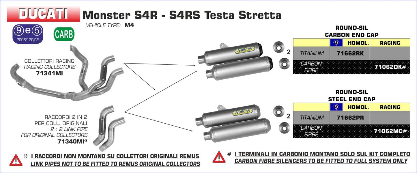 Ducati Monster S4R Testastretta 2006-2007 Arrow udstødning. Slip-on udstødninger, komplette udstødninger, manifold/forrør. Find det hos Pitboxen.dk
