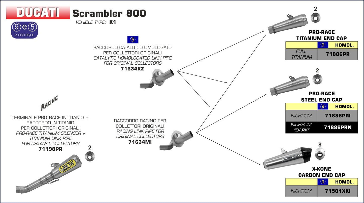 Ducati Scrambler 800 2015-2016 Arrow udstødning. Slip-on udstødninger, komplette udstødninger, manifold/forrør. Find det hos Pitboxen.dk