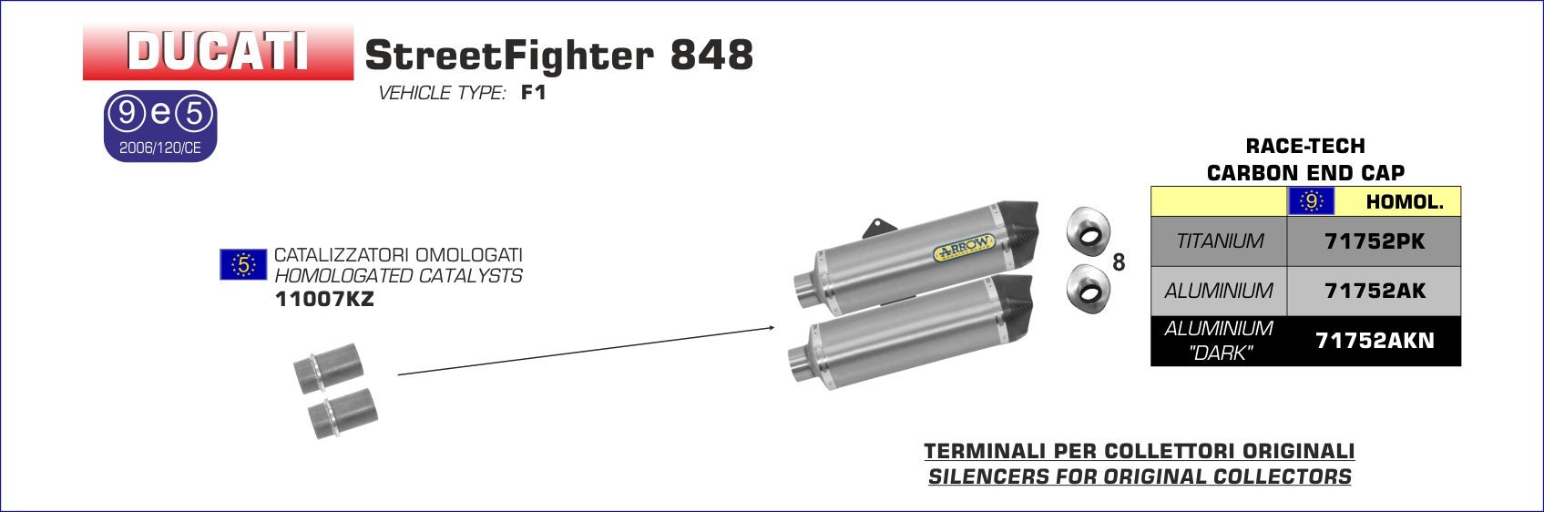 Ducati StreetFighter 848 2012-2015 Arrow udstødning. Slip-on udstødninger, komplette udstødninger, manifold/forrør. Find det hos Pitboxen.dk