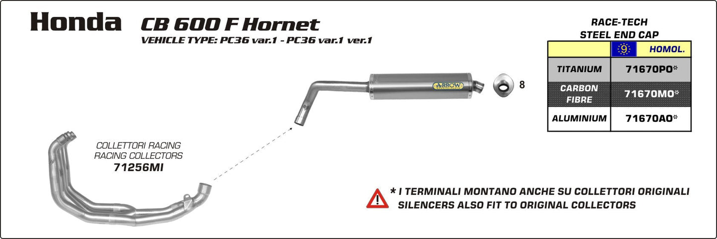 Honda CB 600 F Hornet 2005-2006 Arrow udstødning. Slip-on udstødninger, komplette udstødninger, manifold/forrør. Find det hos Pitboxen.dk