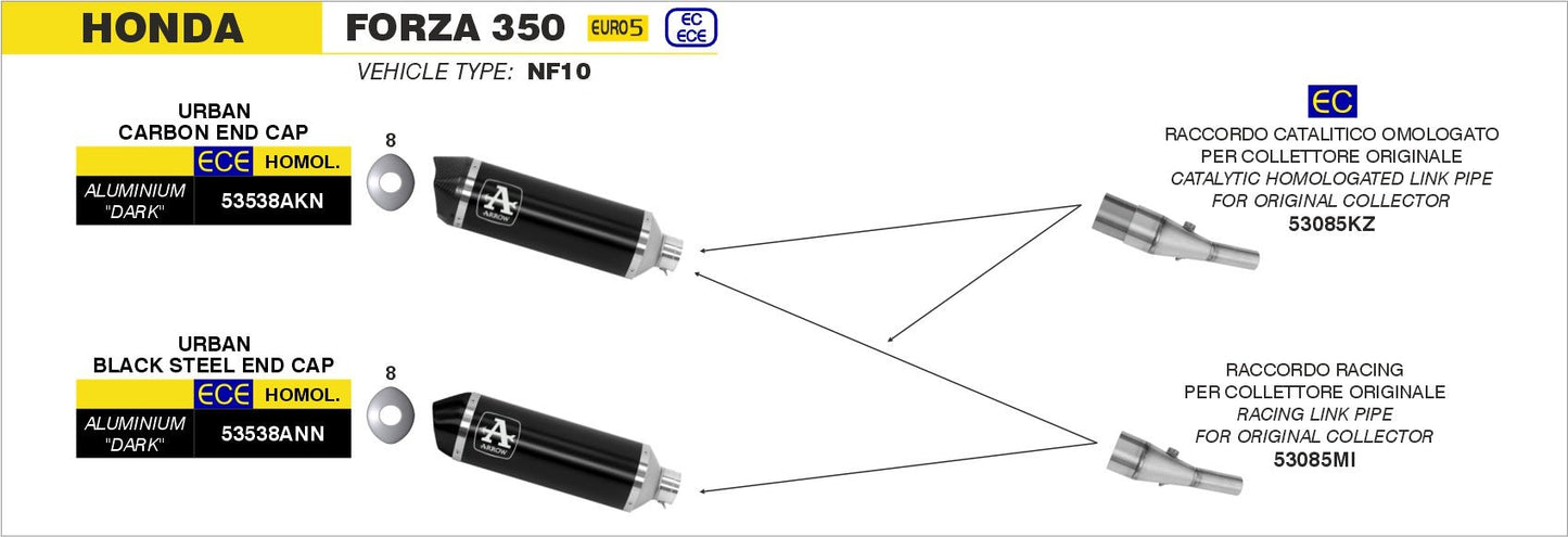 Honda FORZA 350 2021-2024 Arrow udstødning. Slip-on udstødninger, komplette udstødninger, manifold/forrør. Find det hos Pitboxen.dk