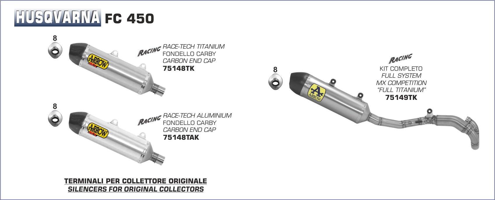 Husqvarna FC 450 2017-2018 Arrow udstødning. Slip-on udstødninger, komplette udstødninger, manifold/forrør. Find det hos Pitboxen.dk