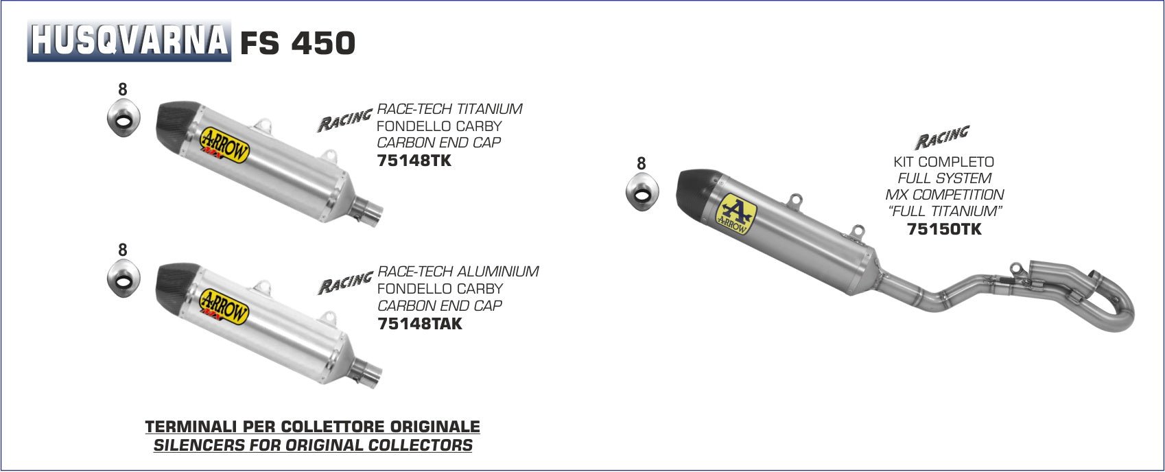 Husqvarna FS 450 2017-2018 Arrow udstødning. Slip-on udstødninger, komplette udstødninger, manifold/forrør. Find det hos Pitboxen.dk