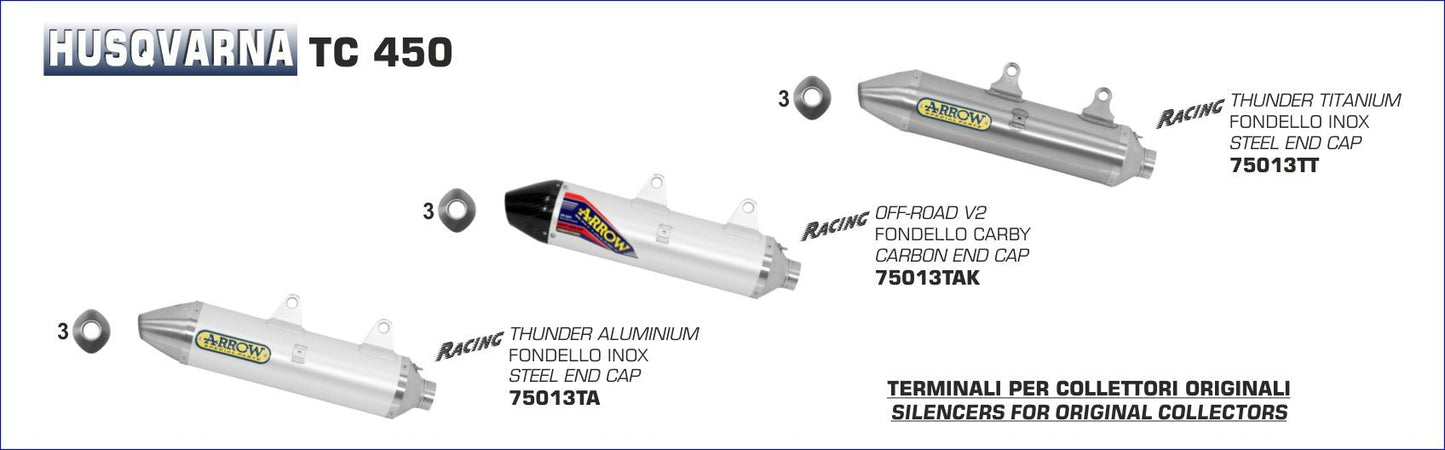 Husqvarna TC 450 2001-2005 Arrow udstødning. Slip-on udstødninger, komplette udstødninger, manifold/forrør. Find det hos Pitboxen.dk