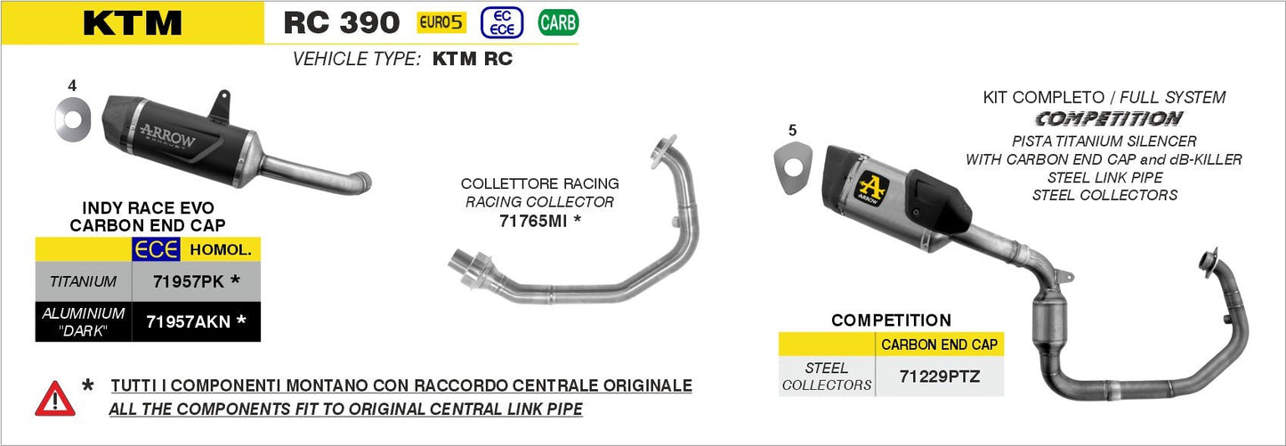 KTM RC 390 2022-2024 Arrow udstødning. Slip-on udstødninger, komplette udstødninger, manifold/forrør. Find det hos Pitboxen.dk