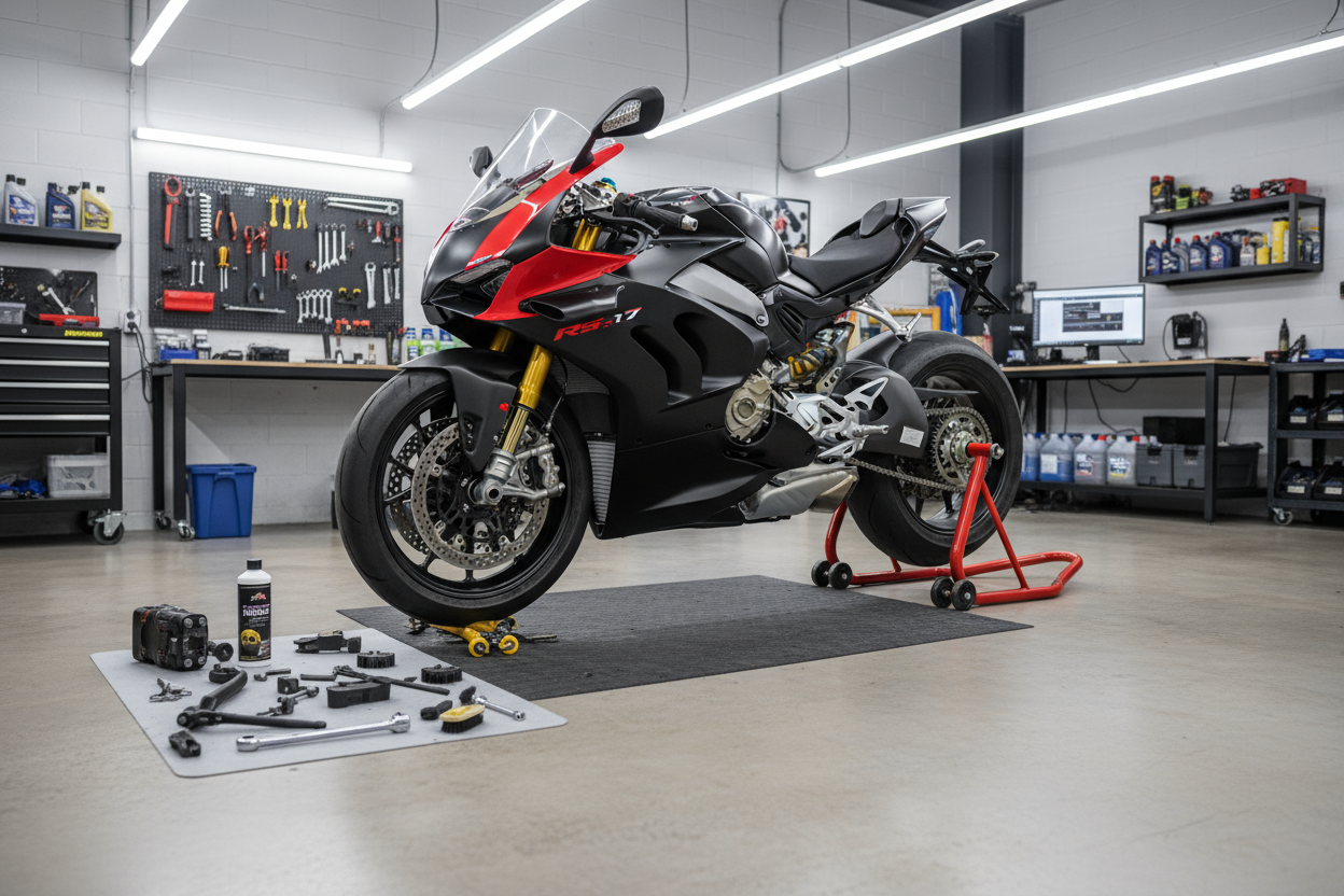 Lav et billede der viser et mc værksted med en mc løftet på en bikelift rs-17 bghjulsløfter. Ved siden af skal ligge kædeværktøj til at skifte kæden med. 