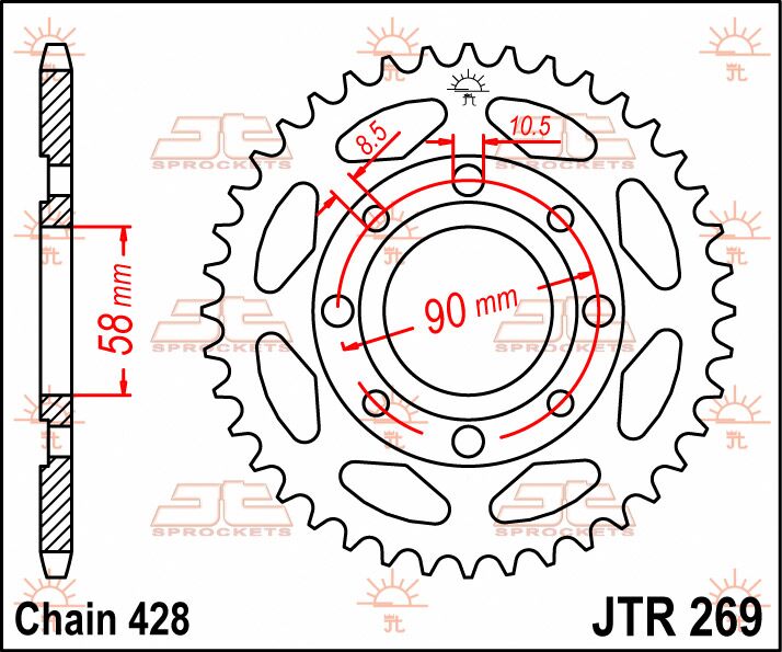Sort stål bagkædehjul 44T 428 - JTR269.44 - JT Sprockets - Pitboxen.dk