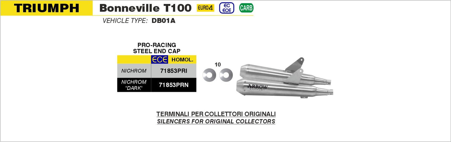 Triumph BONNEVILLE T100 2017-2020 Arrow udstødning. Slip-on udstødninger, komplette udstødninger, manifold/forrør. Find det hos Pitboxen.dk