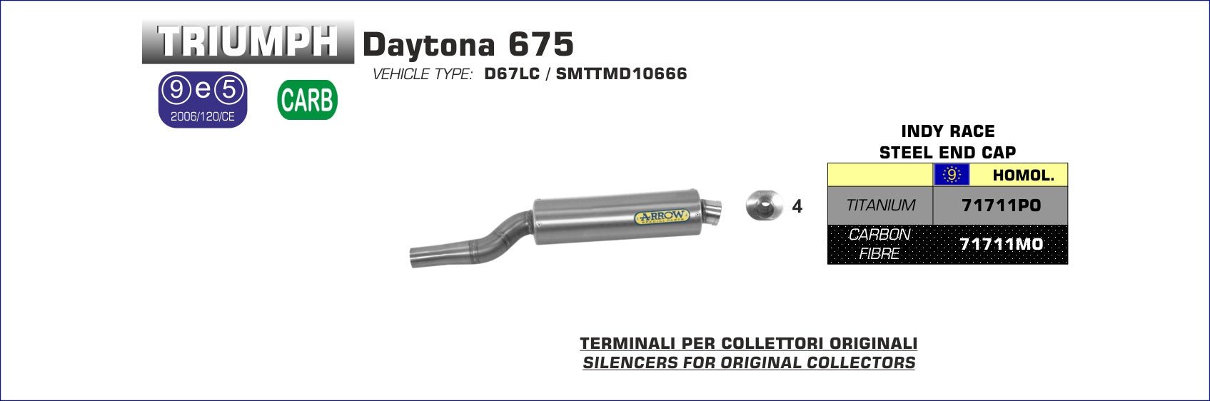 Triumph DAYTONA 675 2006-2009 Arrow udstødning. Slip-on udstødninger, komplette udstødninger, manifold/forrør. Find det hos Pitboxen.dk