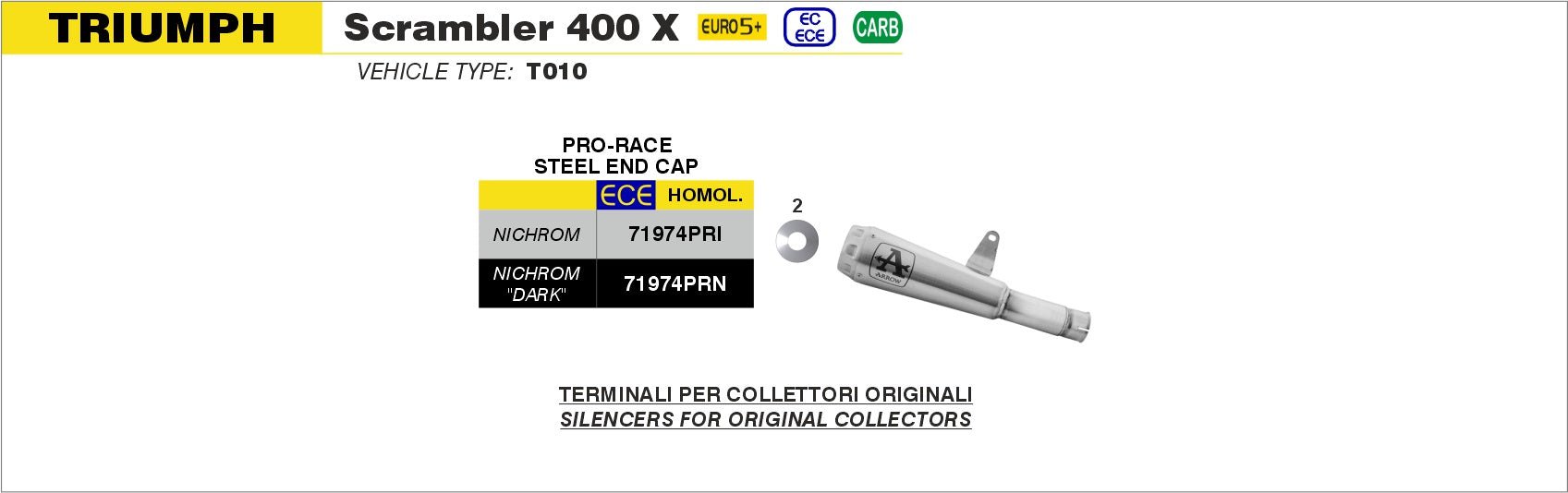 Triumph SCRAMBLER 400 X 2024- Arrow udstødning. Slip-on udstødninger, komplette udstødninger, manifold/forrør. Find det hos Pitboxen.dk