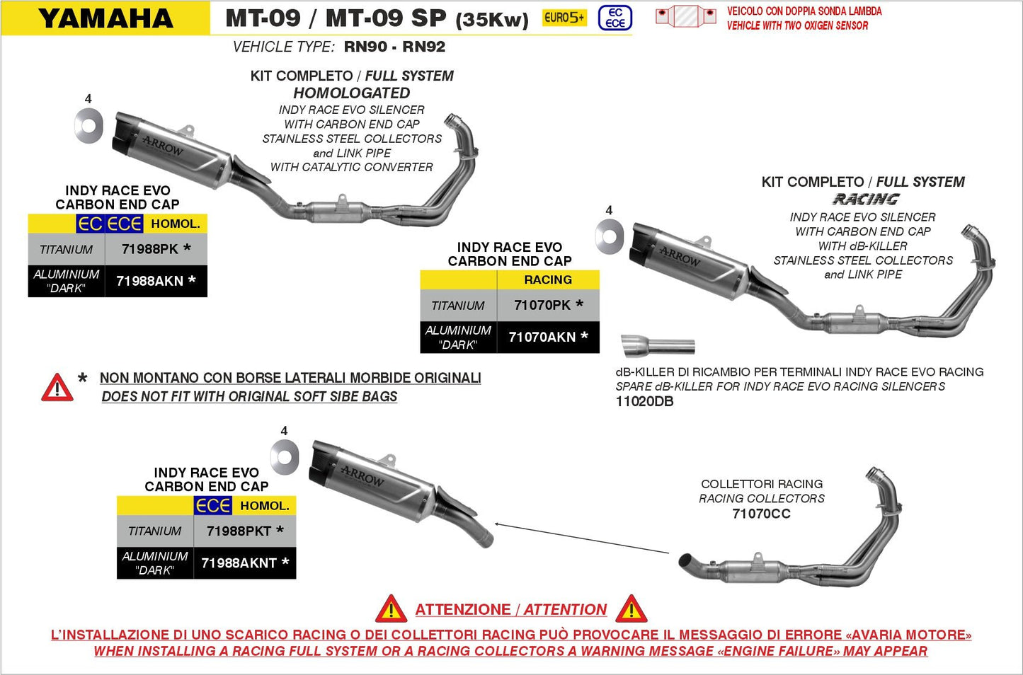 Yamaha MT-09 / MT-09 SP (35Kw) 2024-2025 Arrow udstødning. Slip-on udstødninger, komplette udstødninger, manifold/forrør. Find det hos Pitboxen.dk