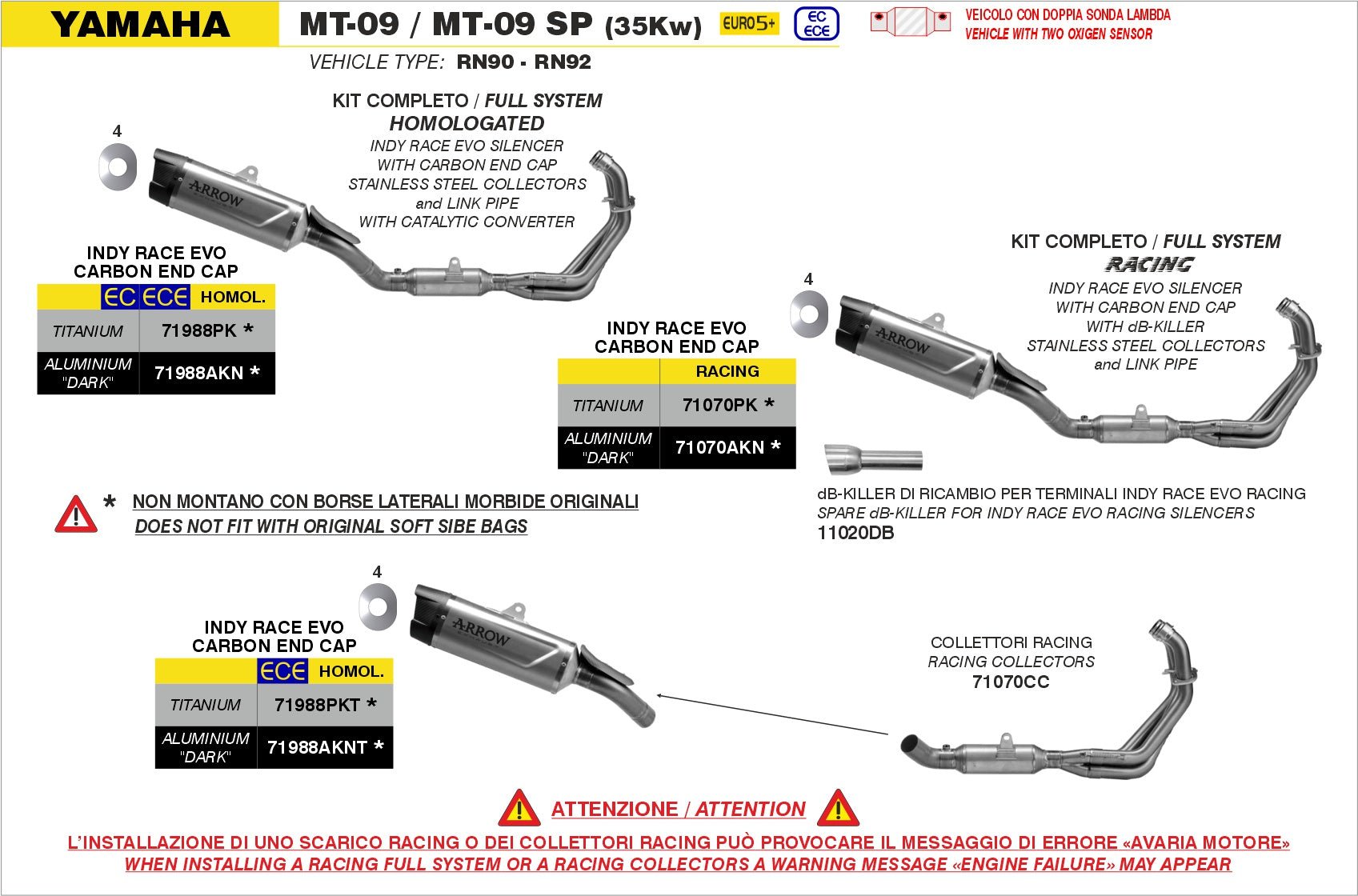 Yamaha MT-09 / MT-09 SP (35Kw) 2024-2025 Arrow udstødning. Slip-on udstødninger, komplette udstødninger, manifold/forrør. Find det hos Pitboxen.dk