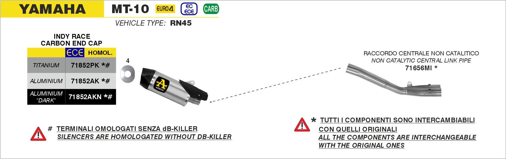 Yamaha MT-10 2016-2020 Arrow udstødning. Slip-on udstødninger, komplette udstødninger, manifold/forrør. Find det hos Pitboxen.dk