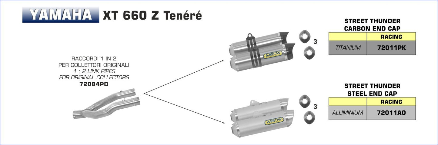 Yamaha XT 660 Z Teneré 2008-2016 Arrow udstødning. Slip-on udstødninger, komplette udstødninger, manifold/forrør. Find det hos Pitboxen.dk